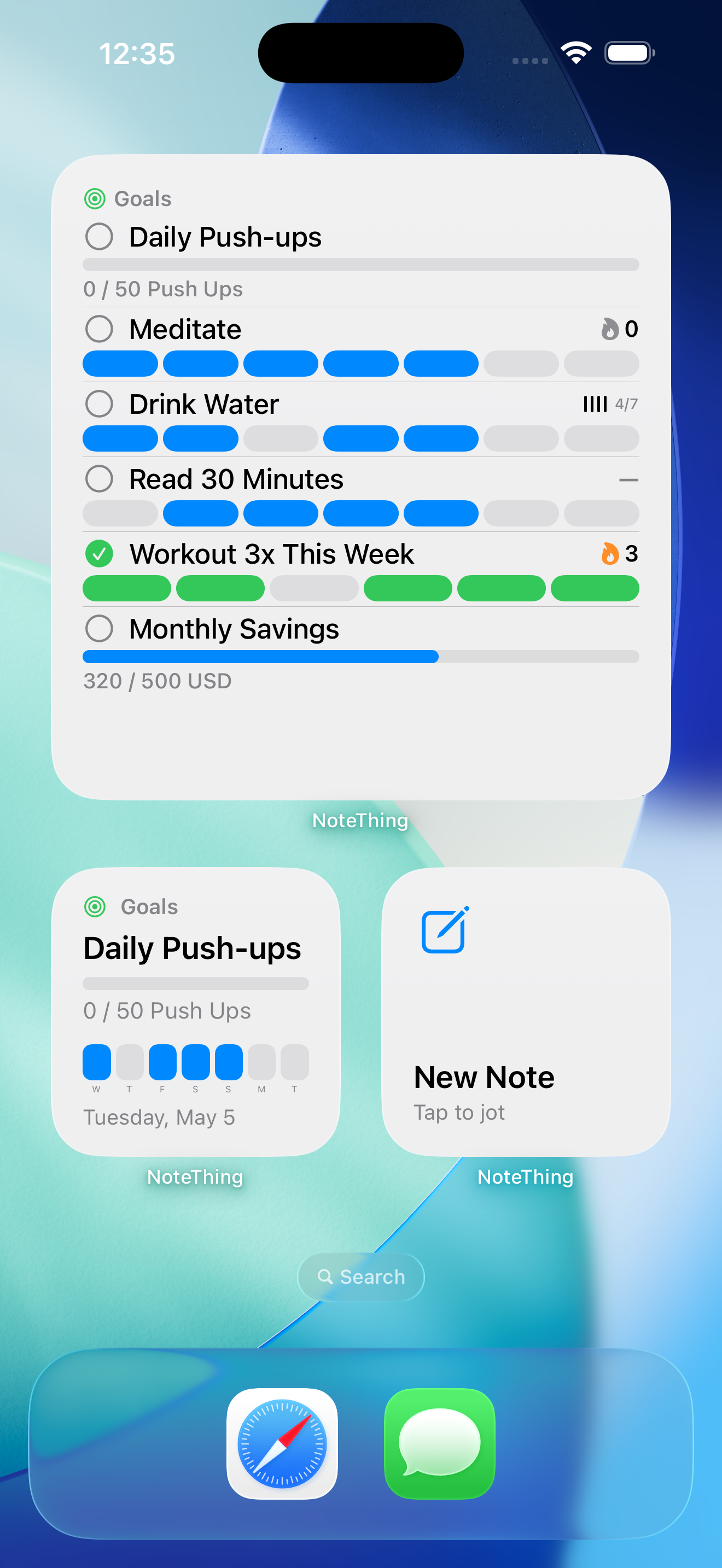 NoteThing widgets on the iPhone Home Screen